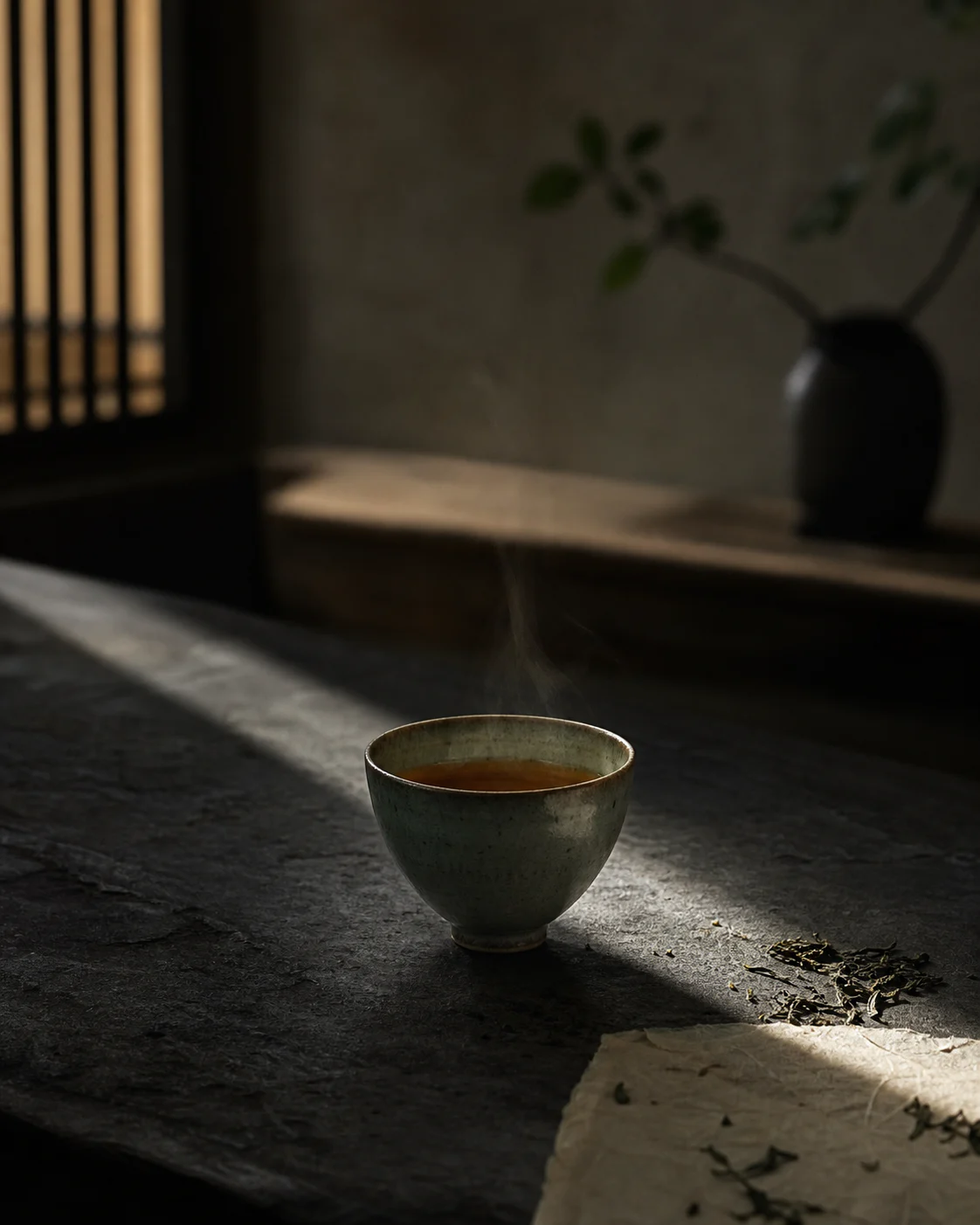 自然光影中的原创茶杯静物，代表茶席留白方向