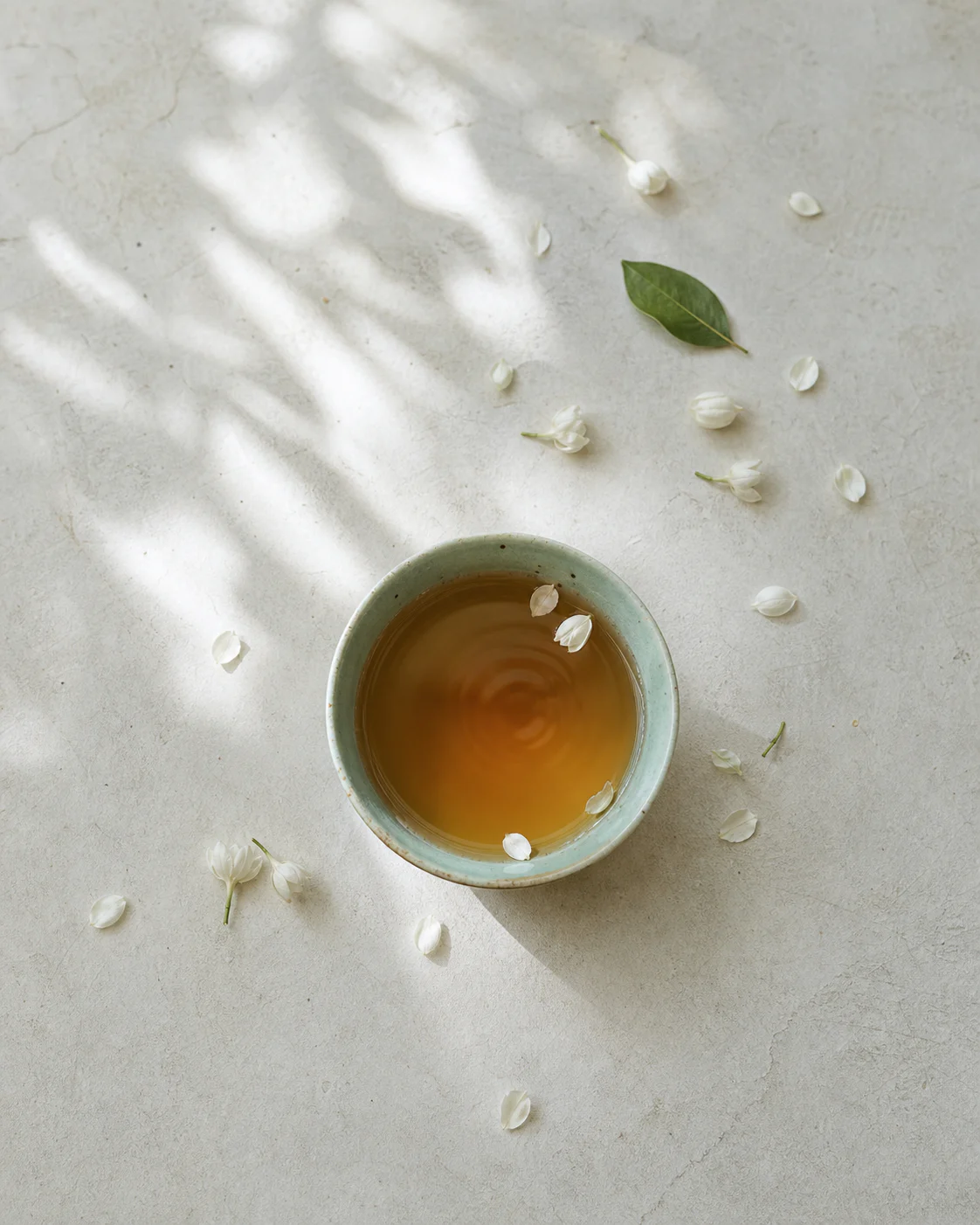 花瓣与茶汤的原创俯拍画面，代表四时花信方向