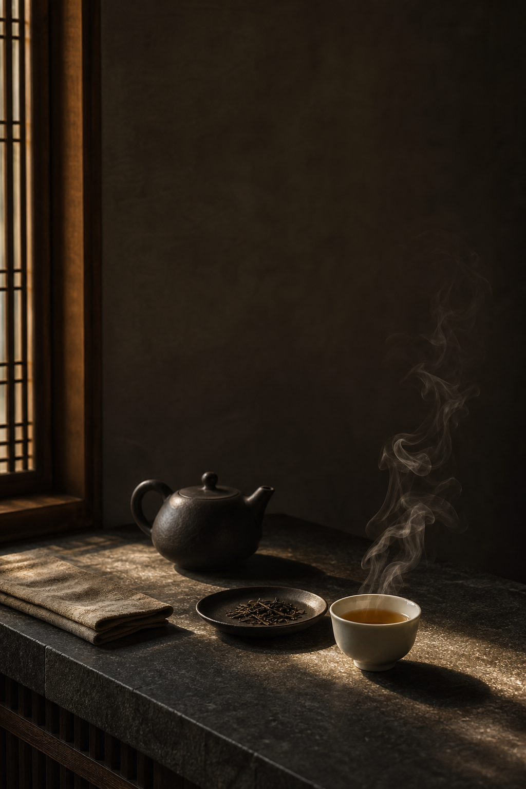 窗格光影、茶汽与器物构成的原创静谧茶席画面