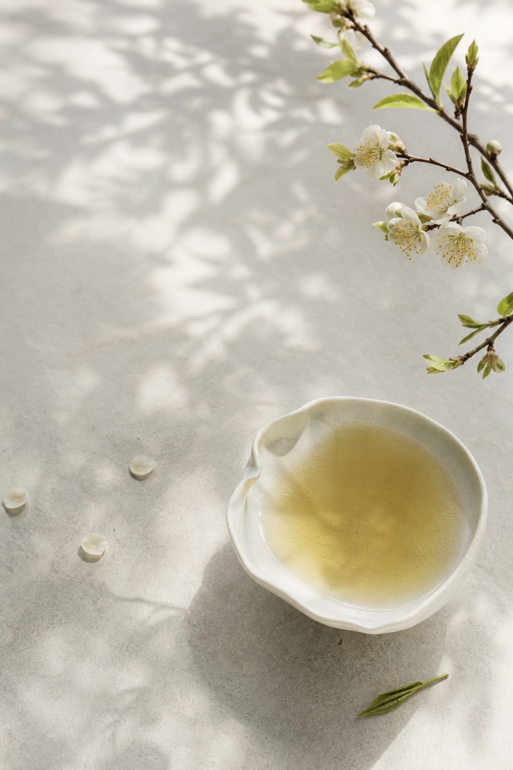 浅色茶汤、花枝与春日阴影构成的原创季节茶事画面