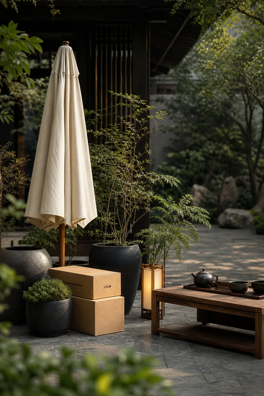 绿植、遮阳伞、灯具与物料逐步进入花园茶空间的原创画面