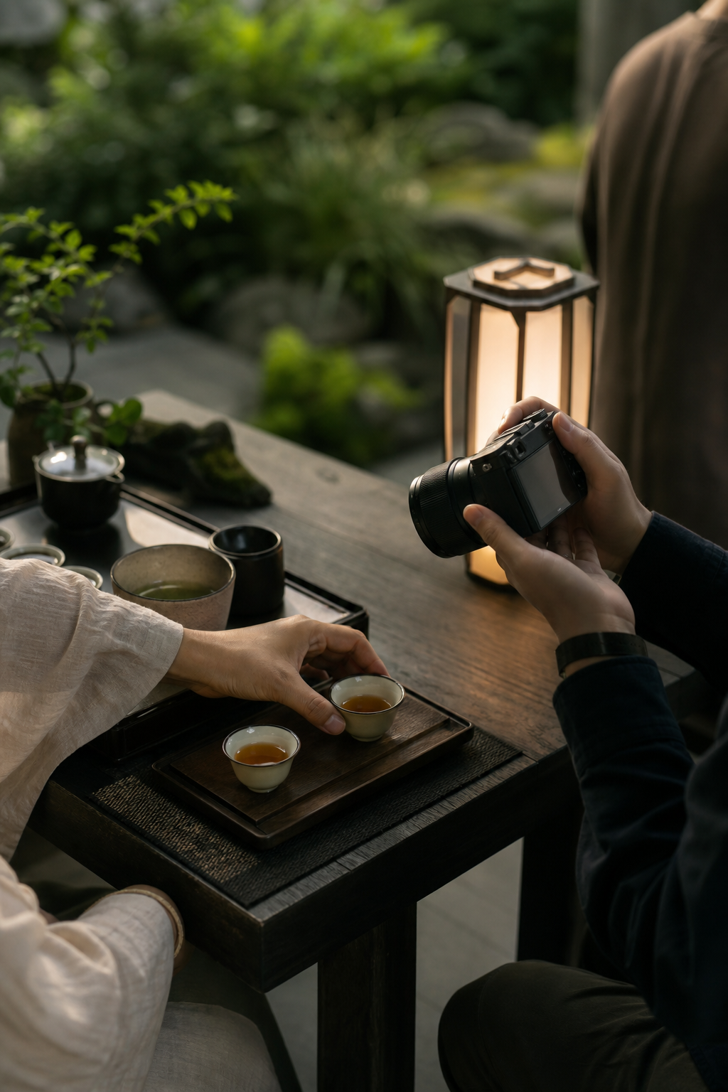 茶席拍摄与服务准备同步发生的原创协作画面