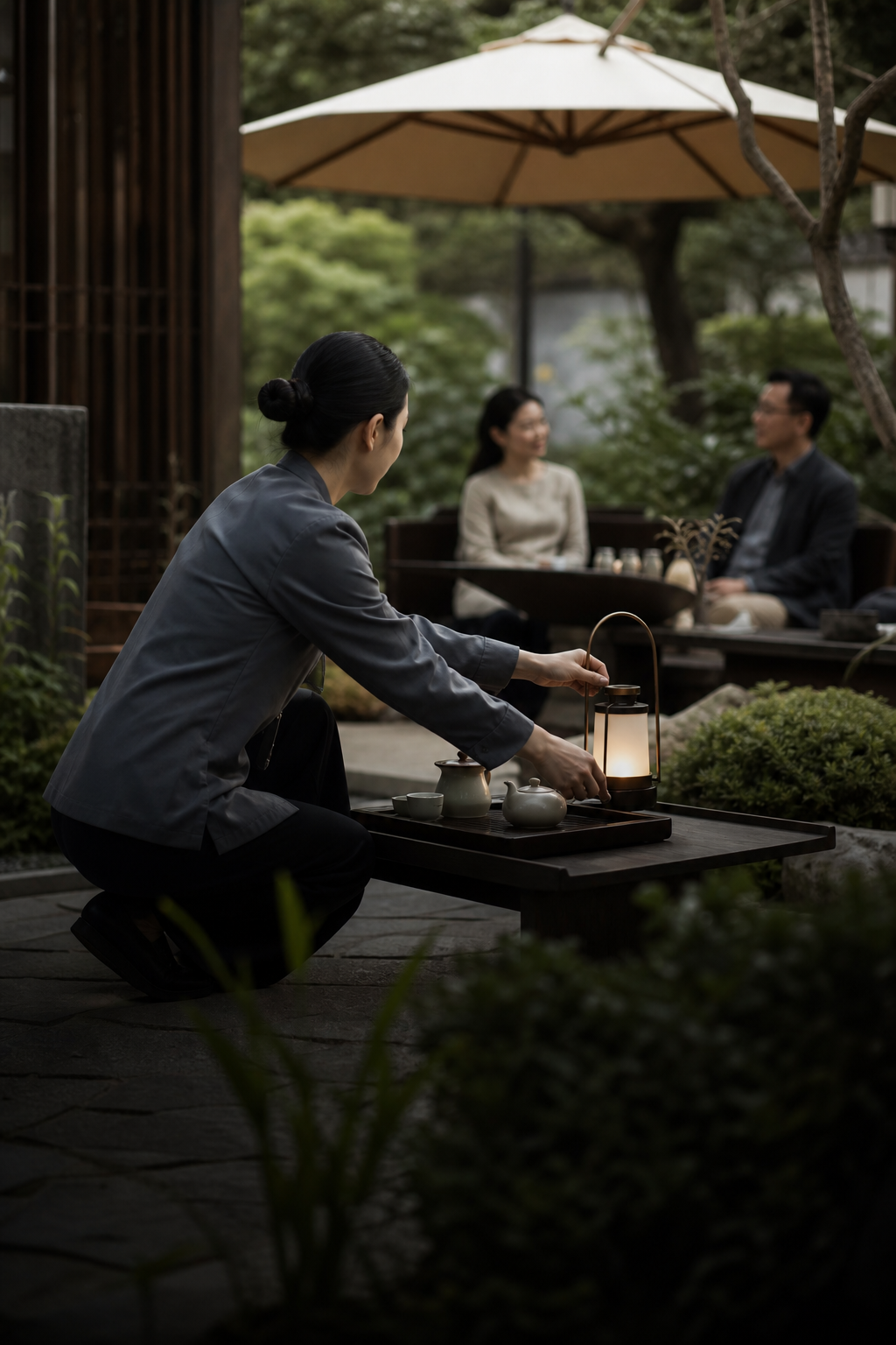 服务人员在花园茶席中测试桌面、灯光与使用距离的原创画面