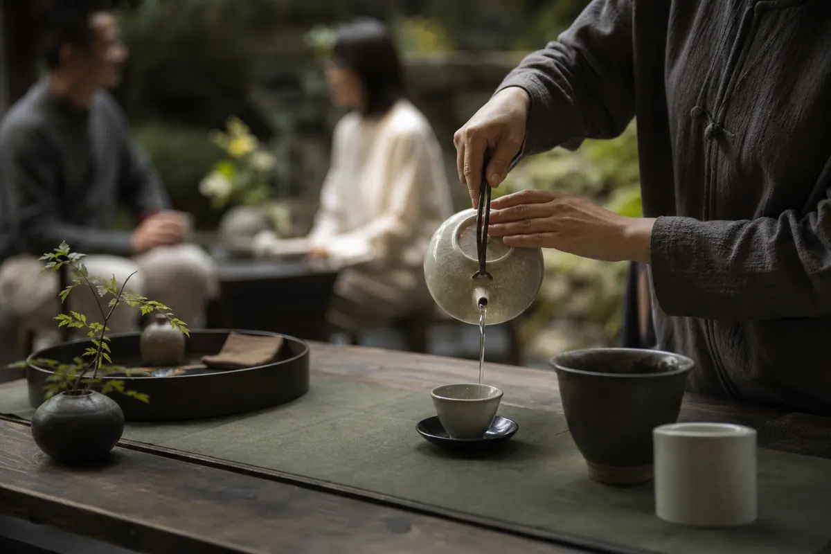 酒店茶席服务人员为客人温杯注水的原创画面