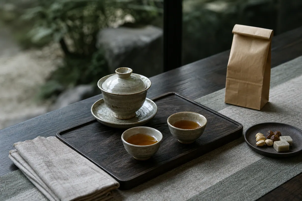 茶、盖碗、茶杯与茶点在桌面上展开的原创画面